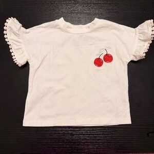 Rachel Zoe Kids White Cherry Embroidered Pom Pom Trim Flutter Sleeve T Shirt 3T